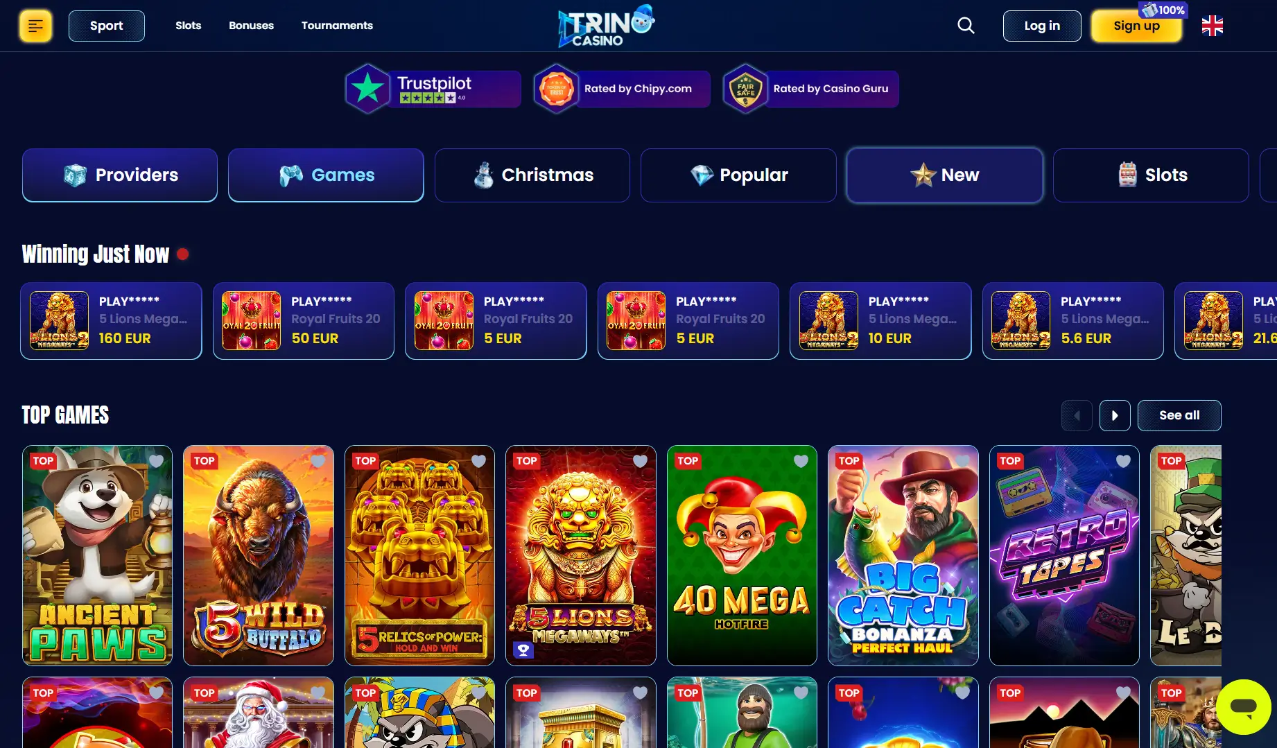 Λόμπι παιχνιδιών Trino Casino με κορυφαία φρουτάκια και δημοφιλείς τίτλους