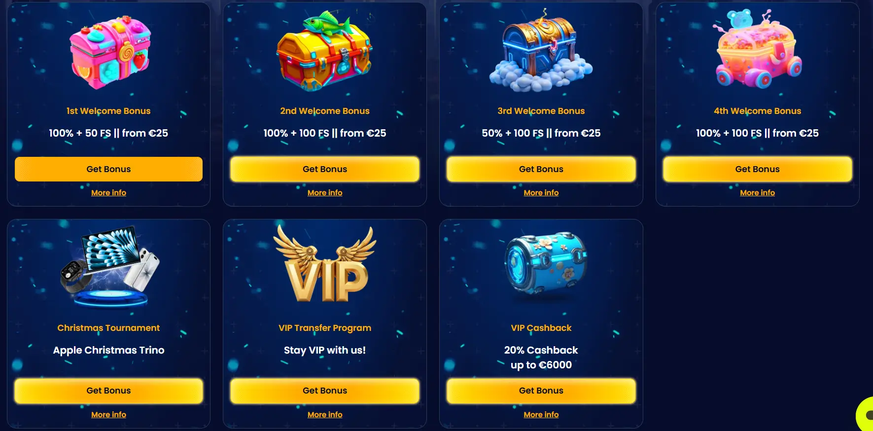 Σελίδα μπόνους Trino Casino με προσφορές καλωσορίσματος και VIP ανταμοιβές