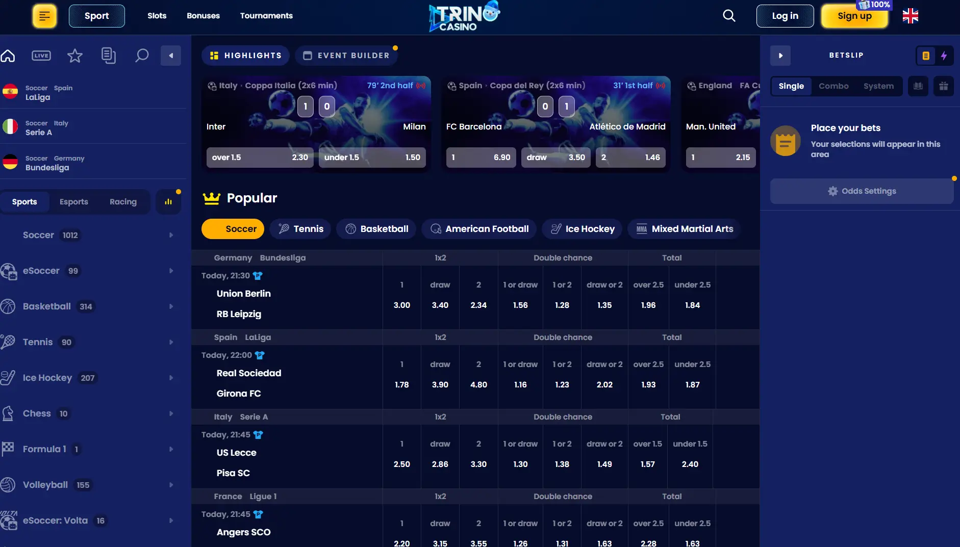 Πίνακας στοιχημάτων Trino Casino με ζωντανούς αγώνες και αποδόσεις